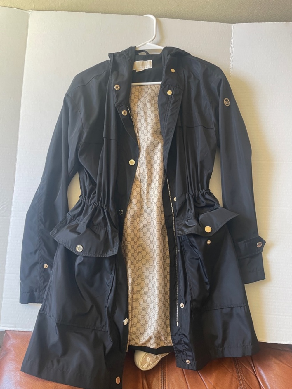 Michael Kors Black Hooded Trench Coat with Gold-Tone Hardware